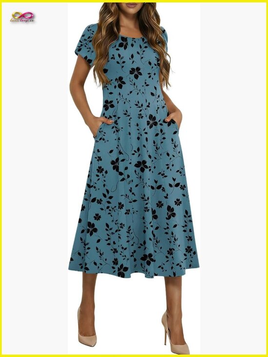 Dresses & Skirts - Ruffle Short Sleeve Midi Dress A-Line Flowy Pleated Sundress Casual Summer